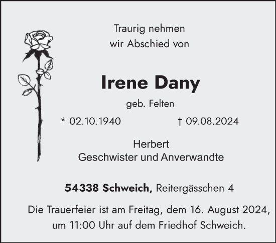 Traueranzeige von Irene Dany von trierischer_volksfreund