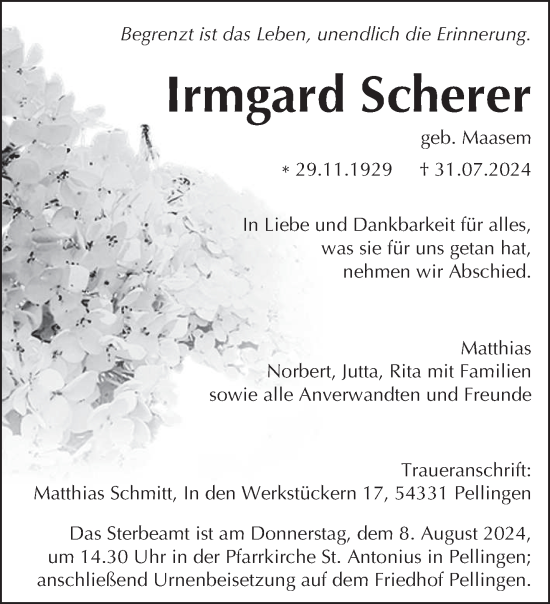 Traueranzeige von Irmgard Scherer von trierischer_volksfreund