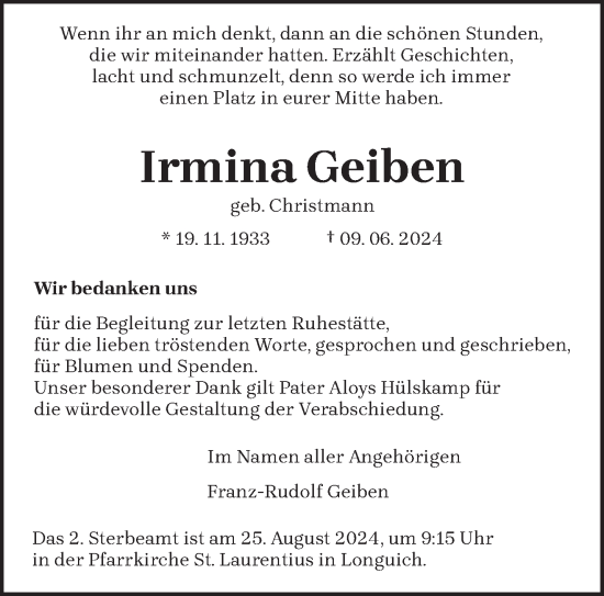 Traueranzeige von Irmina Geiben von trierischer_volksfreund