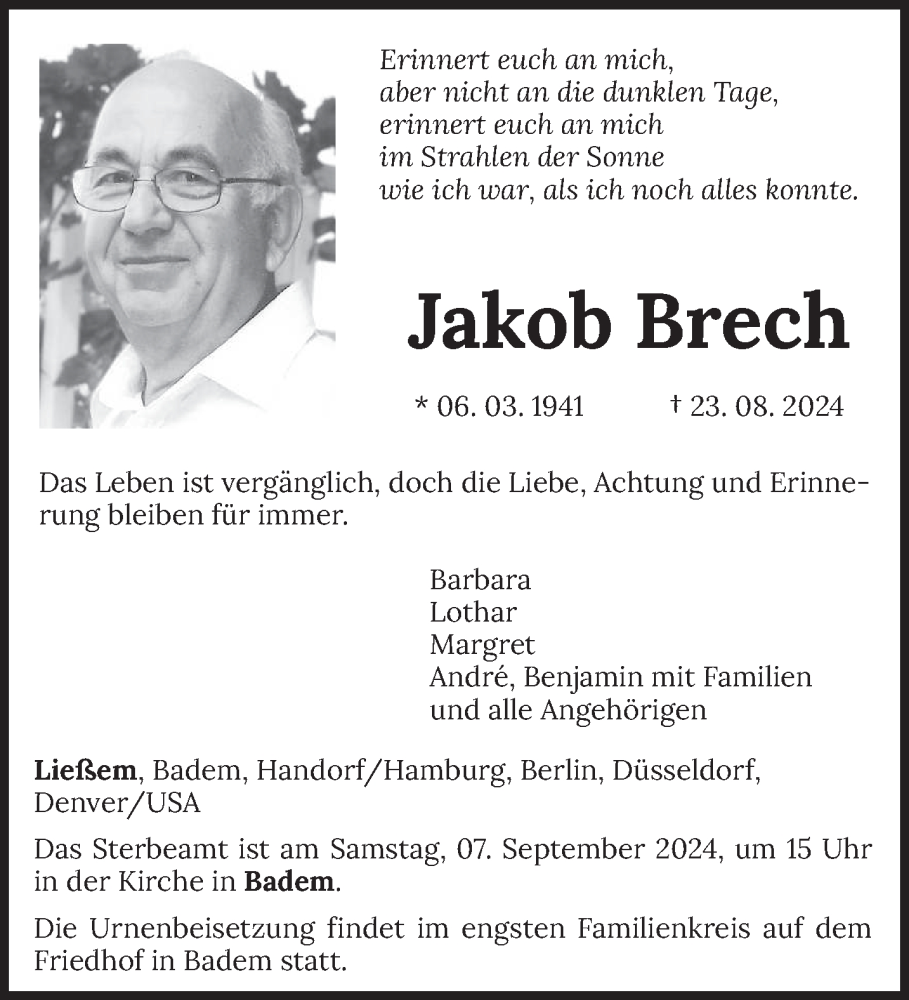  Traueranzeige für Jakob Brech vom 31.08.2024 aus trierischer_volksfreund