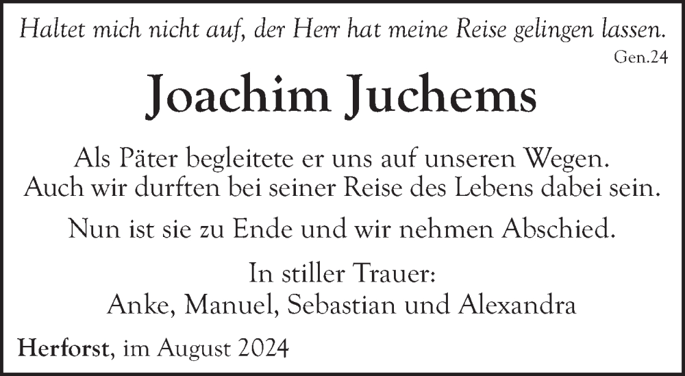  Traueranzeige für Joachim Juchems vom 17.08.2024 aus trierischer_volksfreund