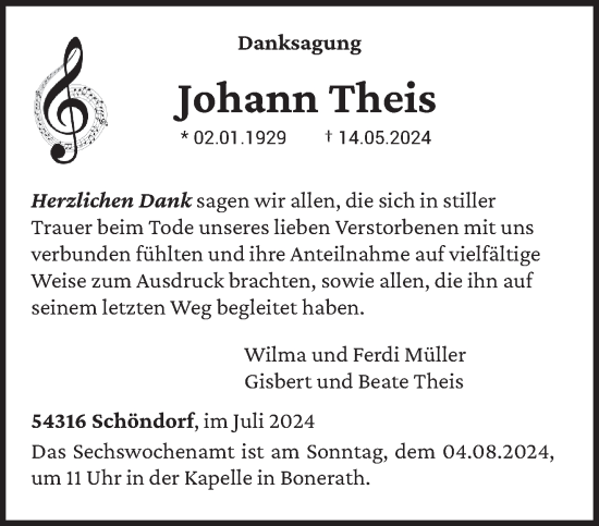 Traueranzeige von Johann Theis von trierischer_volksfreund