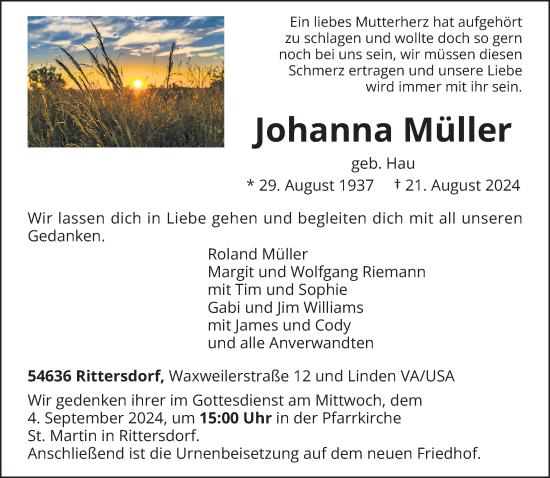 Traueranzeige von Johanna Müller von trierischer_volksfreund