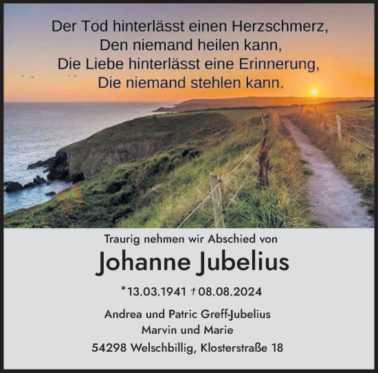 Traueranzeige von Johanne Jubelius von trierischer_volksfreund