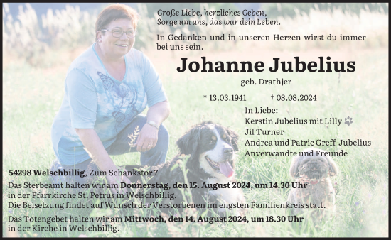 Traueranzeige von Johanne Jubelius von trierischer_volksfreund