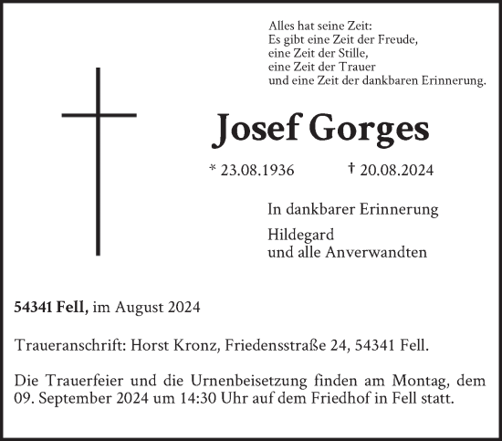 Traueranzeige von Josef Gorges von trierischer_volksfreund