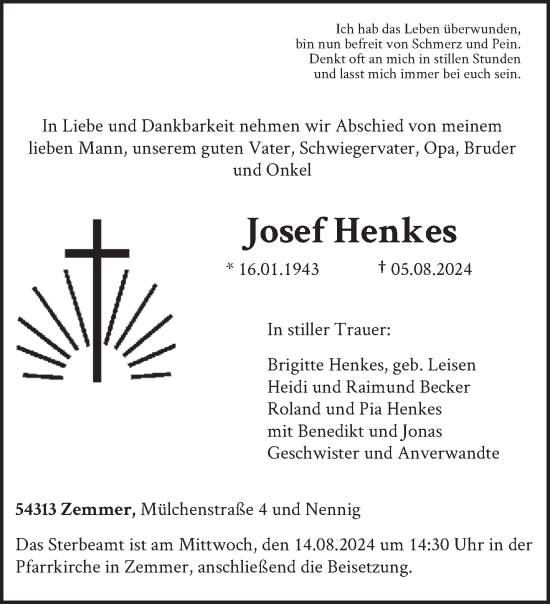 Traueranzeige von Josef Henkes von trierischer_volksfreund