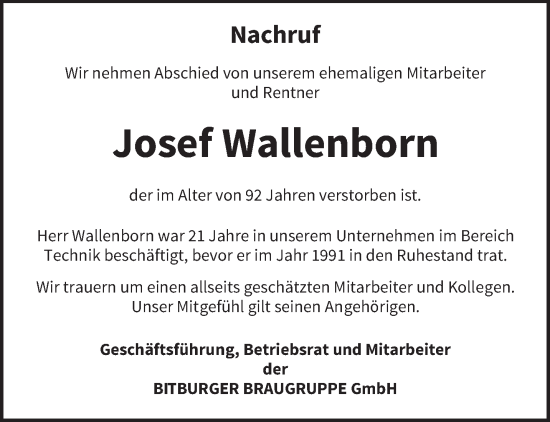 Traueranzeige von Josef Wallenborn von trierischer_volksfreund