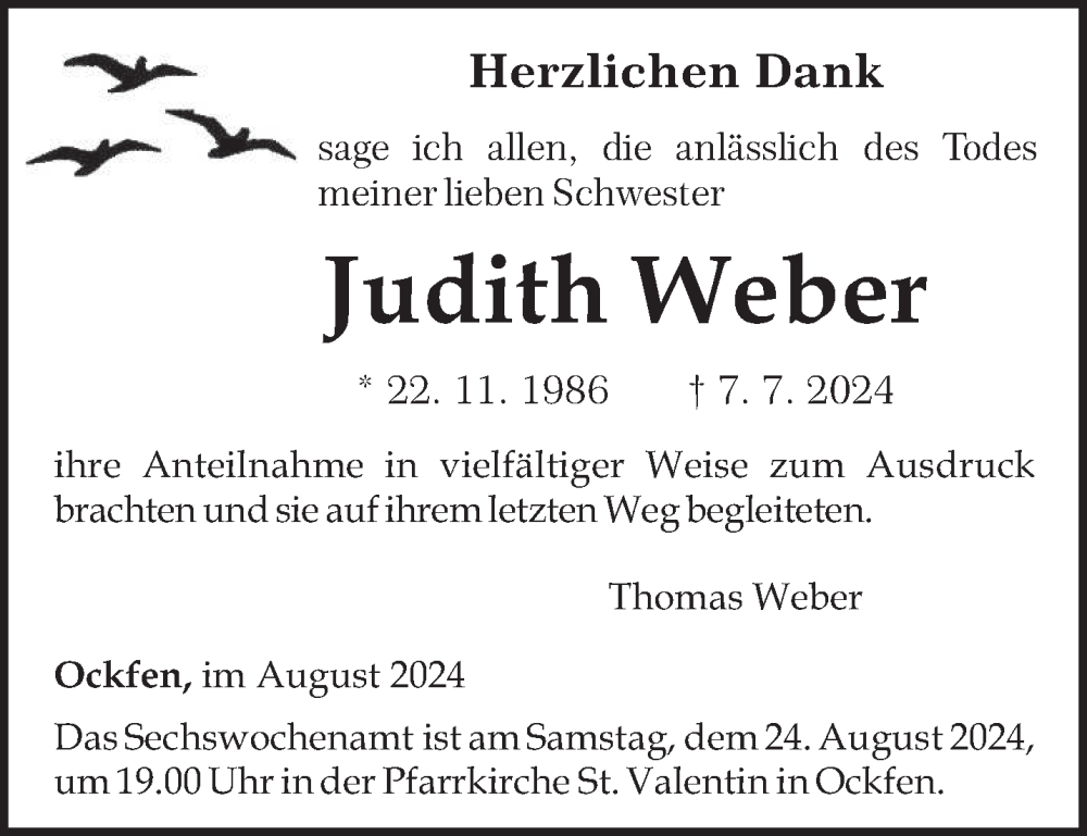  Traueranzeige für Judith Weber vom 21.08.2024 aus trierischer_volksfreund
