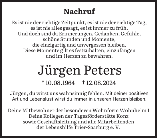 Traueranzeige von Jürgen Peters von trierischer_volksfreund