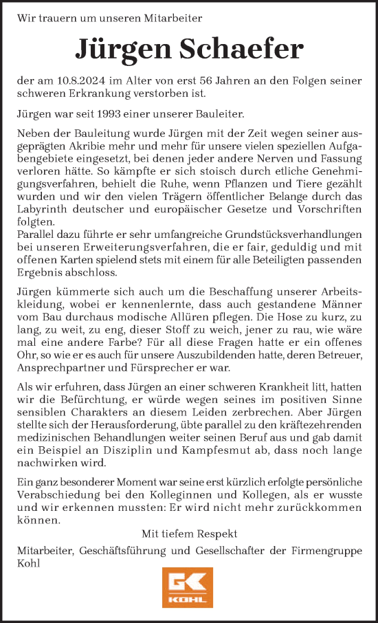 Traueranzeige von Jürgen Schaefer von trierischer_volksfreund