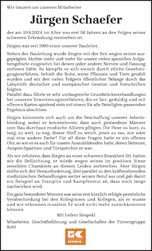  Traueranzeige für Jürgen Schaefer vom 13.08.2024 aus trierischer_volksfreund