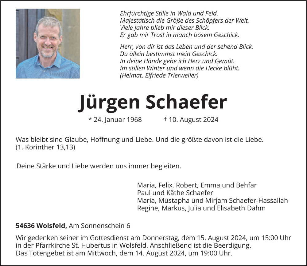  Traueranzeige für Jürgen Schaefer vom 13.08.2024 aus trierischer_volksfreund