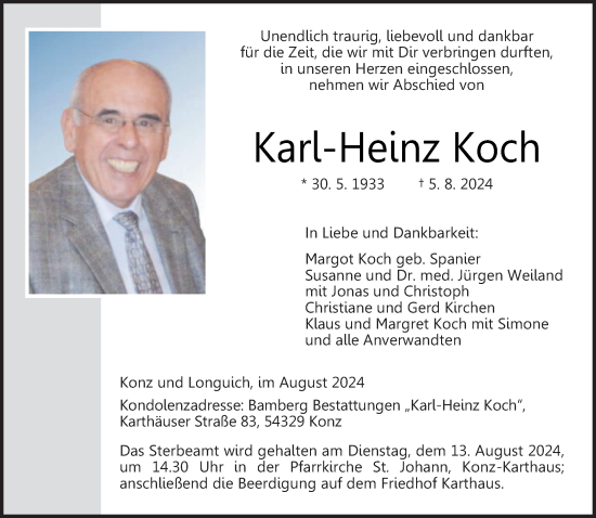 Traueranzeige von Karl-Heinz Koch von trierischer_volksfreund