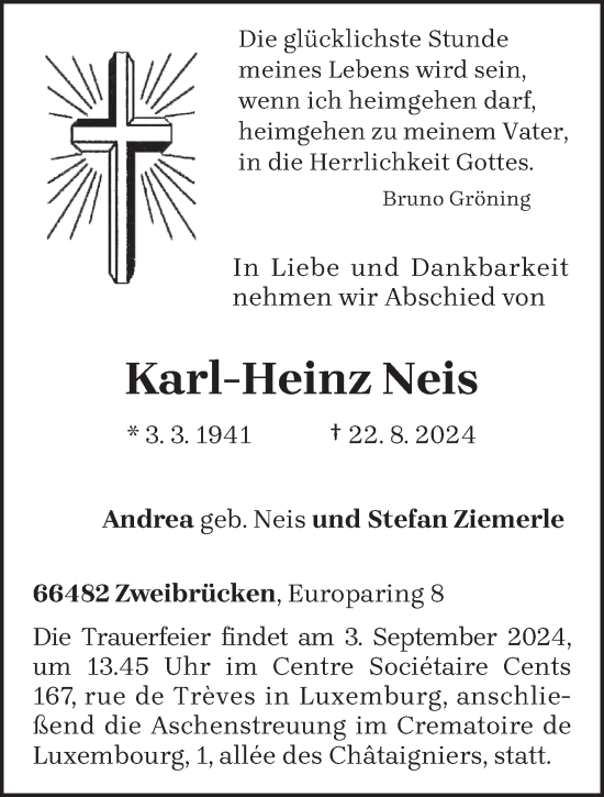 Traueranzeige von Karl-Heinz Neis von trierischer_volksfreund