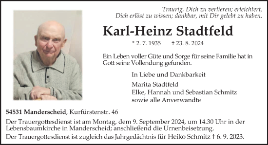 Traueranzeige von Karl-Heinz Stadtfeld von trierischer_volksfreund