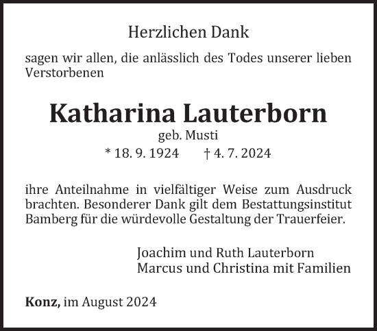 Traueranzeige von Katharina Lauterborn von trierischer_volksfreund