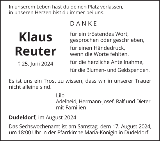 Traueranzeige von Klaus Reuter von trierischer_volksfreund