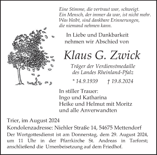 Traueranzeige von Klaus G. Zwick von trierischer_volksfreund