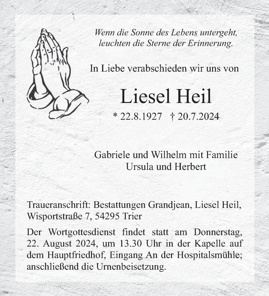  Traueranzeige für Liesel Heil vom 10.08.2024 aus trierischer_volksfreund