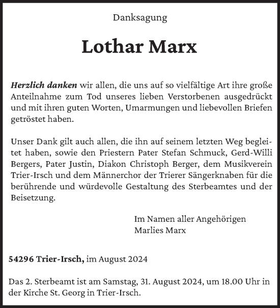 Traueranzeige von Lothar Marx von trierischer_volksfreund