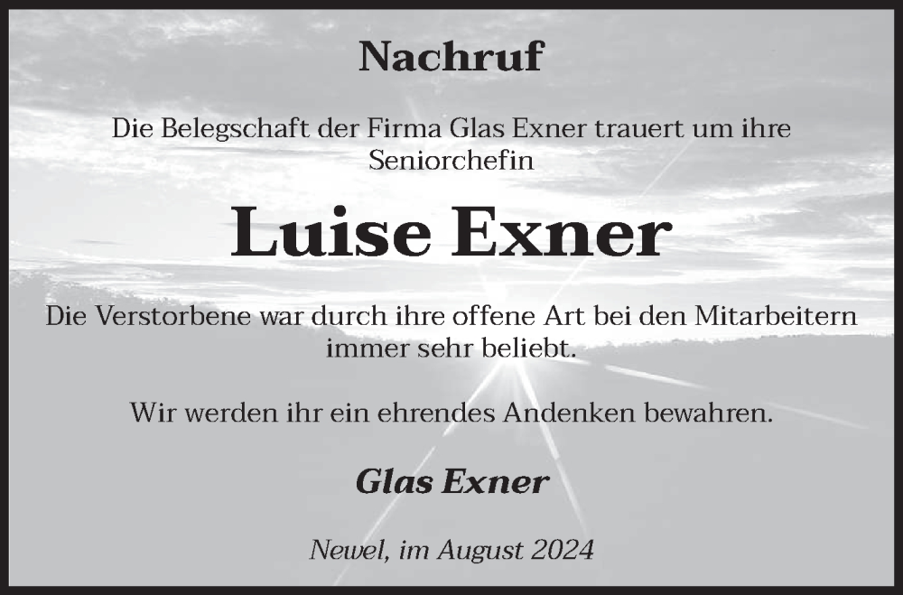  Traueranzeige für Luise Exner vom 31.08.2024 aus trierischer_volksfreund