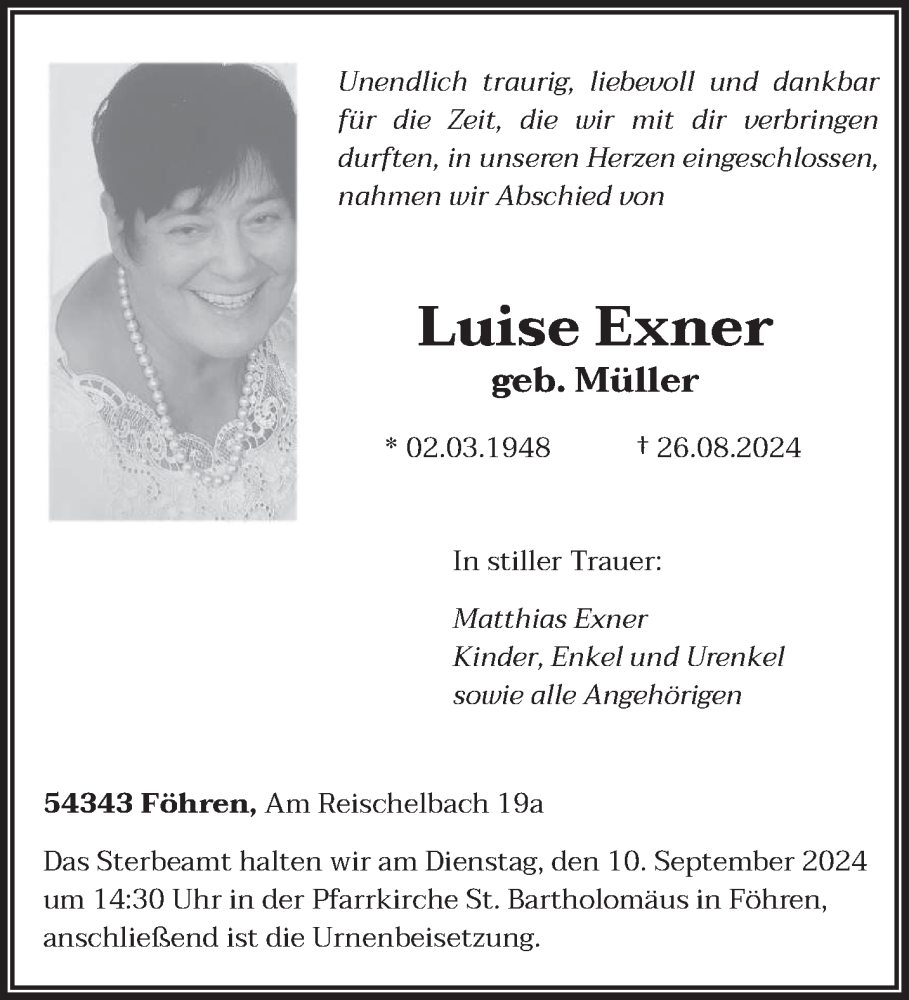  Traueranzeige für Luise Exner vom 31.08.2024 aus trierischer_volksfreund