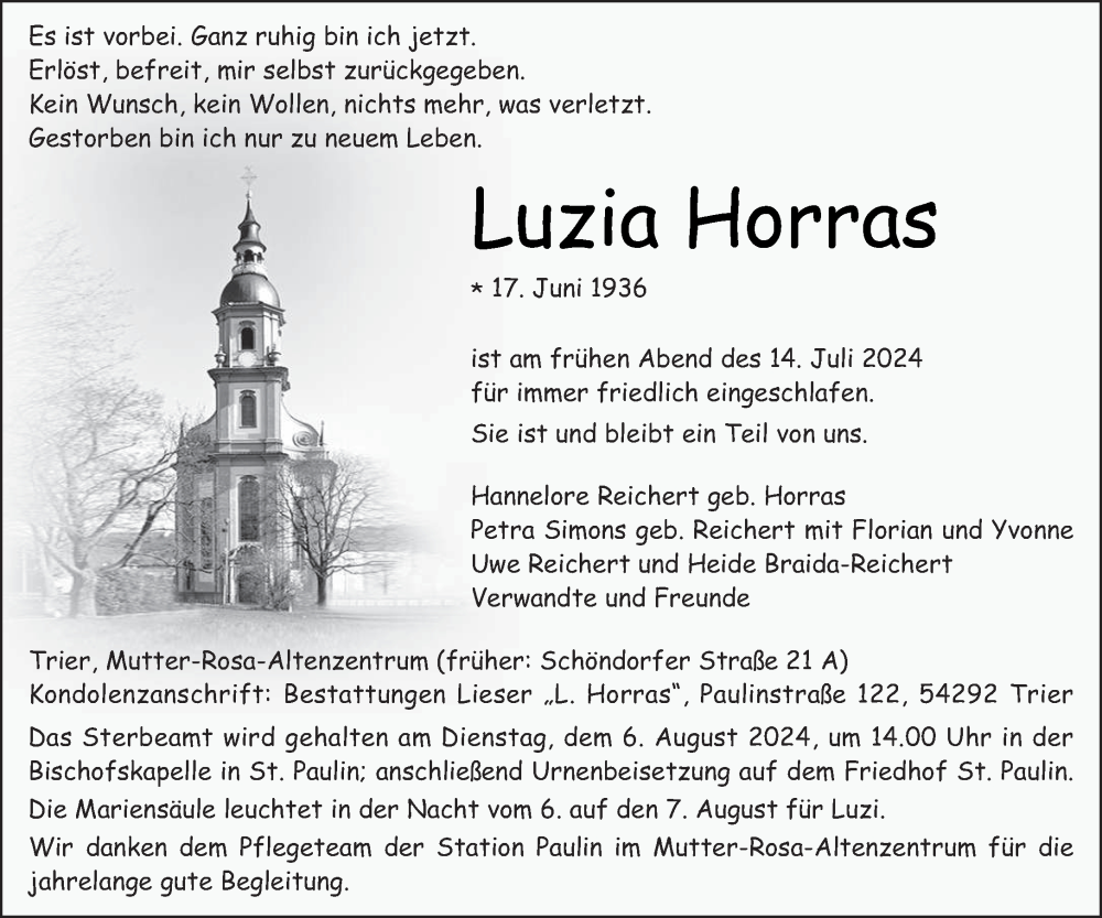  Traueranzeige für Luzia Horras vom 03.08.2024 aus trierischer_volksfreund