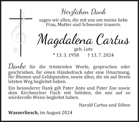 Traueranzeige von Magdalena Cartus von trierischer_volksfreund