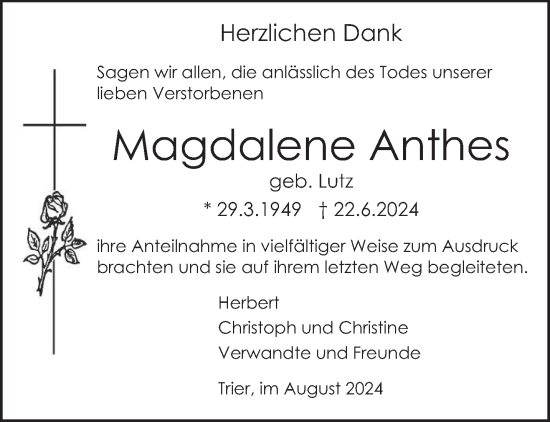 Traueranzeige von Magdalene Anthes von trierischer_volksfreund