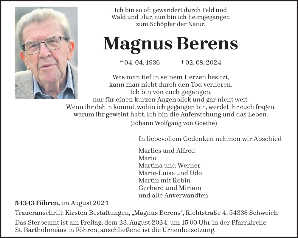  Traueranzeige für Magnus Berens vom 19.08.2024 aus trierischer_volksfreund