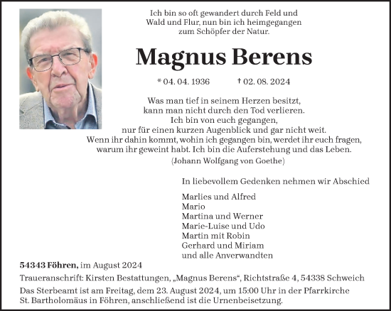 Traueranzeige von Magnus Berens von trierischer_volksfreund