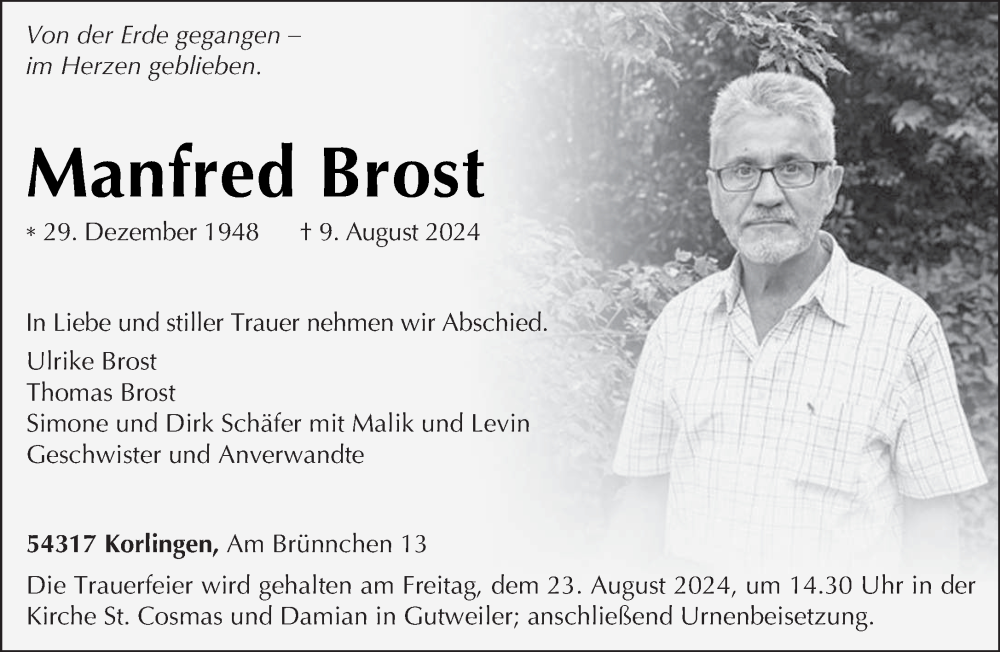  Traueranzeige für Manfred Brost vom 17.08.2024 aus trierischer_volksfreund