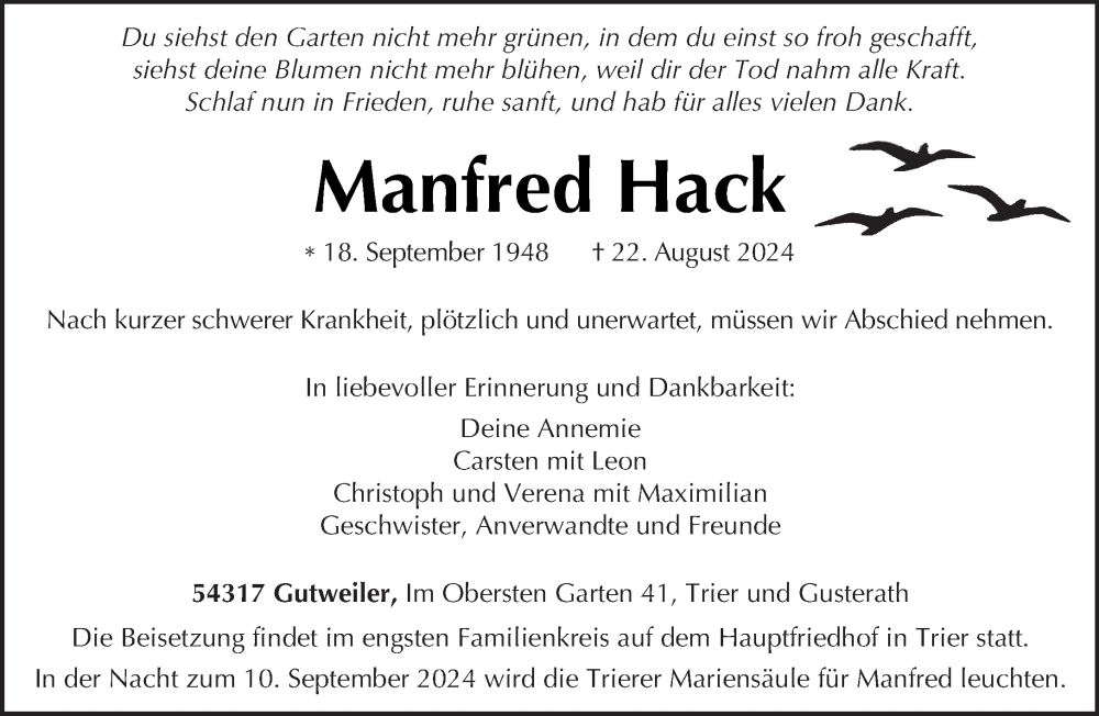  Traueranzeige für Manfred Hack vom 31.08.2024 aus trierischer_volksfreund