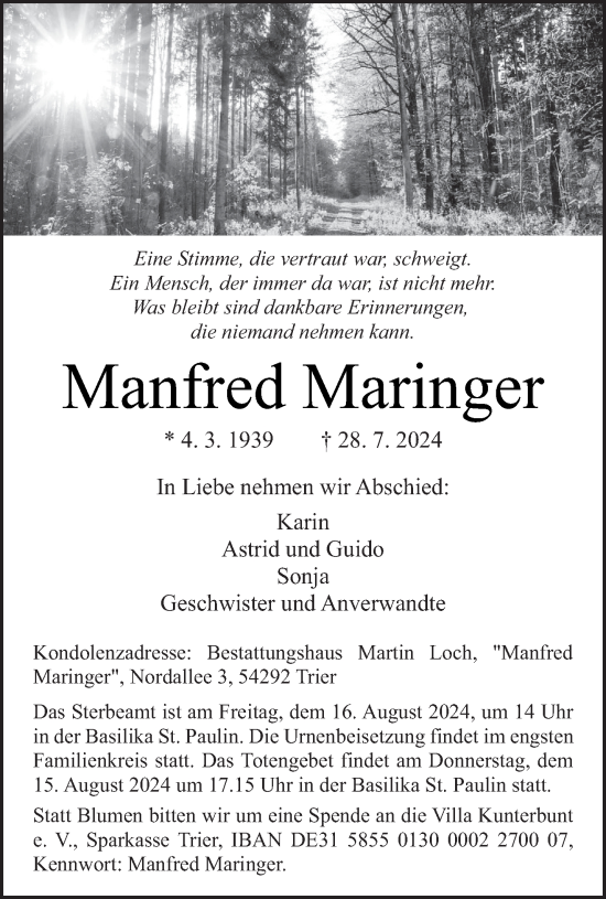 Traueranzeige von Manfred Maringer von trierischer_volksfreund