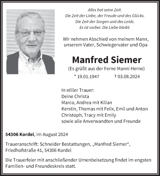 Traueranzeige von Manfred Siemer von trierischer_volksfreund