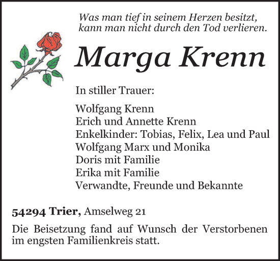 Traueranzeige von Marga Krenn von trierischer_volksfreund