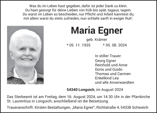 Traueranzeige von Maria Egner von trierischer_volksfreund