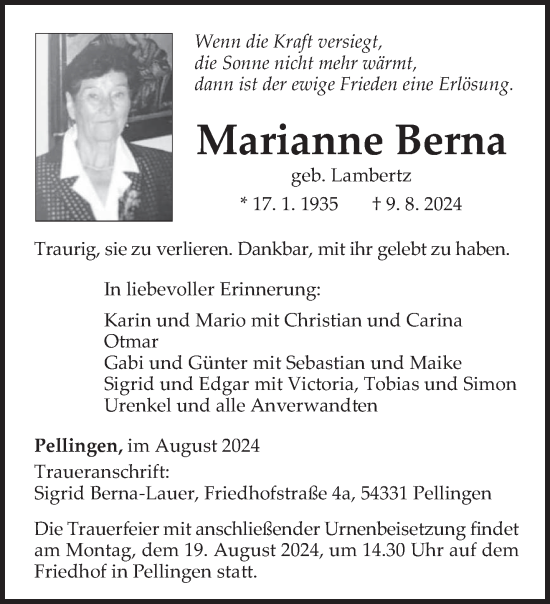 Traueranzeige von Marianne Berna von trierischer_volksfreund