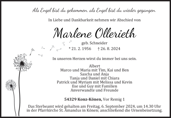 Traueranzeige von Marlene Ollerieth von trierischer_volksfreund