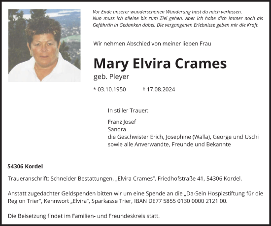 Traueranzeige von Mary Elvira Crames von trierischer_volksfreund