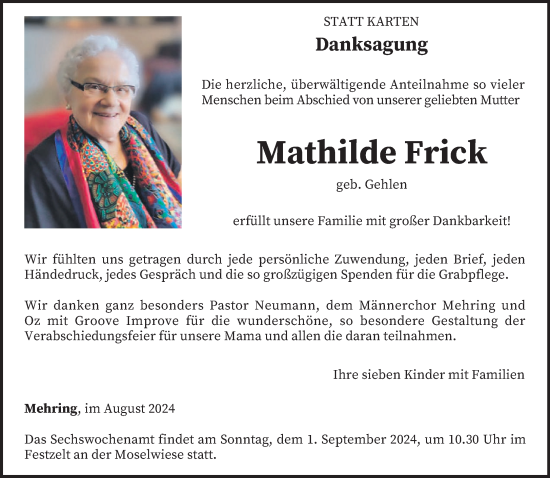 Traueranzeige von Mathilde Frick von trierischer_volksfreund