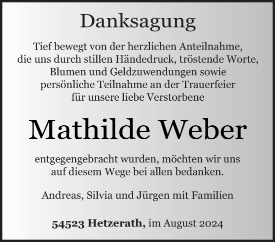 Traueranzeige von Mathilde Weber von trierischer_volksfreund