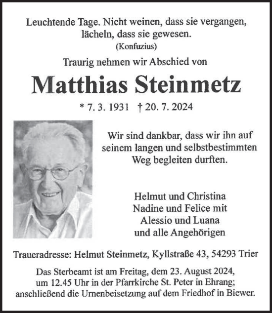 Traueranzeige von Matthias Steinmetz von trierischer_volksfreund