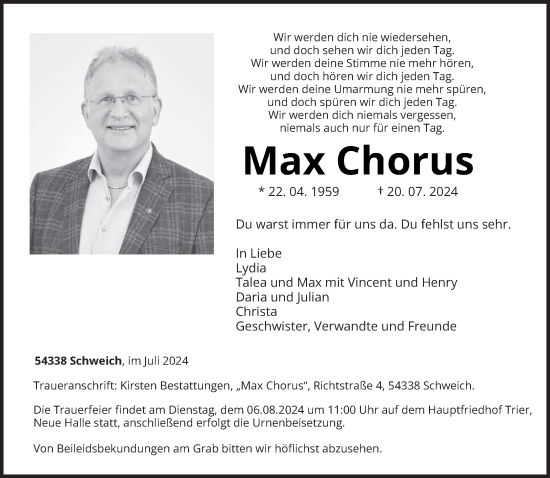 Traueranzeige von Max Chorus von trierischer_volksfreund