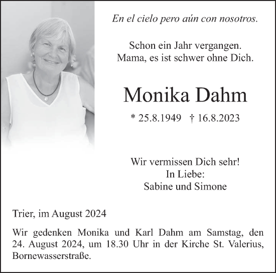 Traueranzeige von Monika Dahm von trierischer_volksfreund