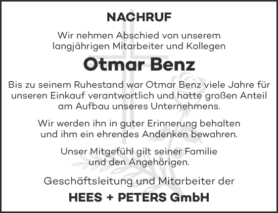 Traueranzeige von Otmar Benz von trierischer_volksfreund