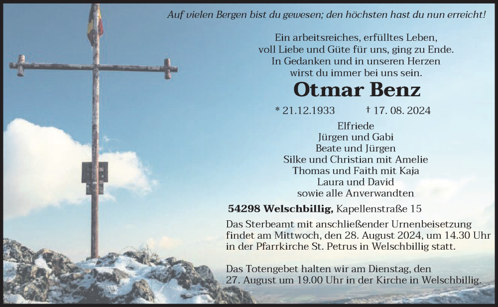  Traueranzeige für Otmar Benz vom 24.08.2024 aus trierischer_volksfreund