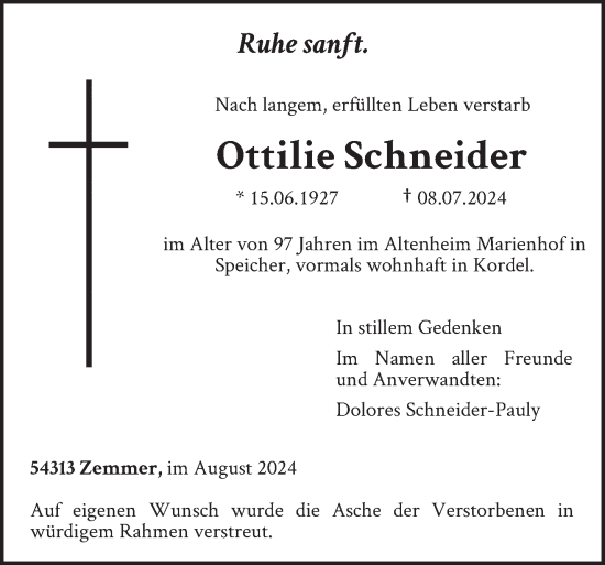 Traueranzeige von Ottilie Schneider von trierischer_volksfreund