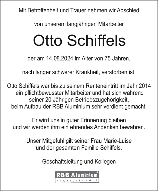 Traueranzeige von Otto Schiffels von trierischer_volksfreund